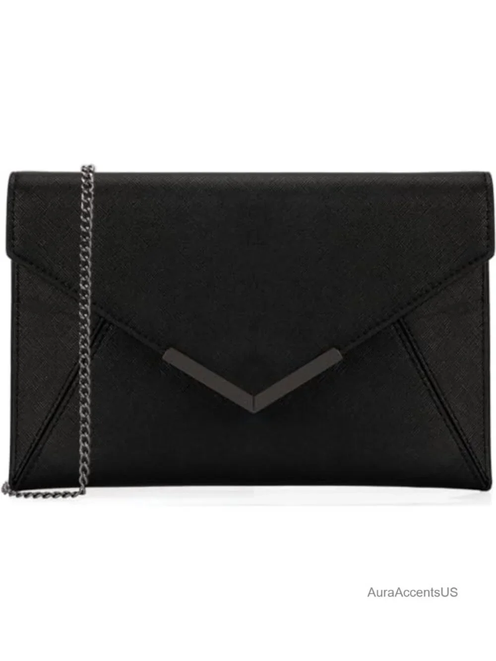 Faux Saffiano Leather Envelope Clutch with Detachable Chain